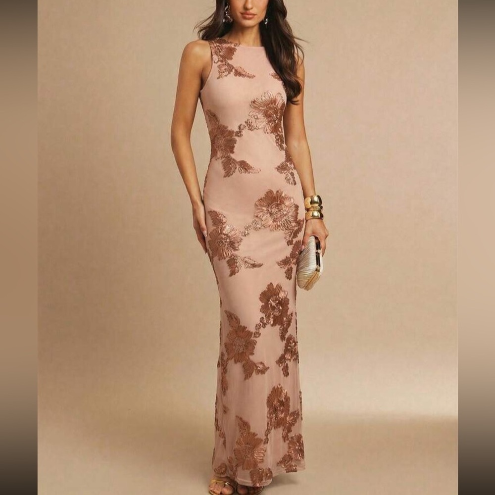 Champagne Floral Sheath Dress with Champagne Embroidery